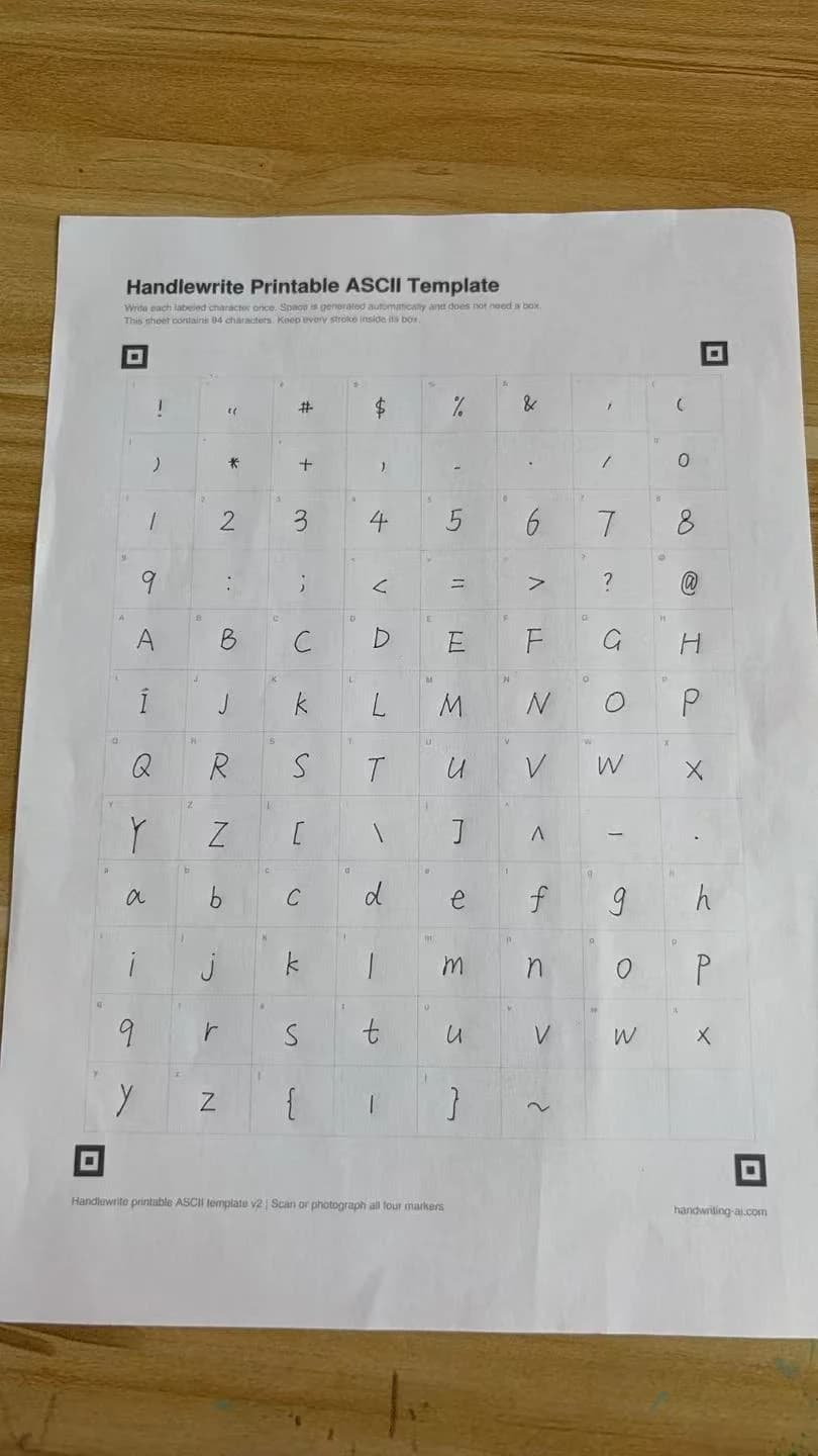 A filled handwriting template on a wooden table, showing English letters, numbers, punctuation, and all four corner markers
