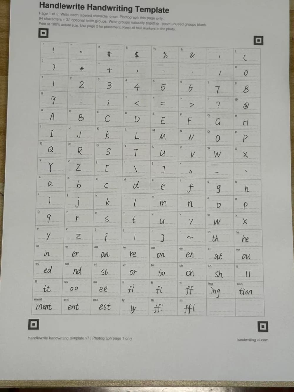 A photographed handwriting template used to create a personal font