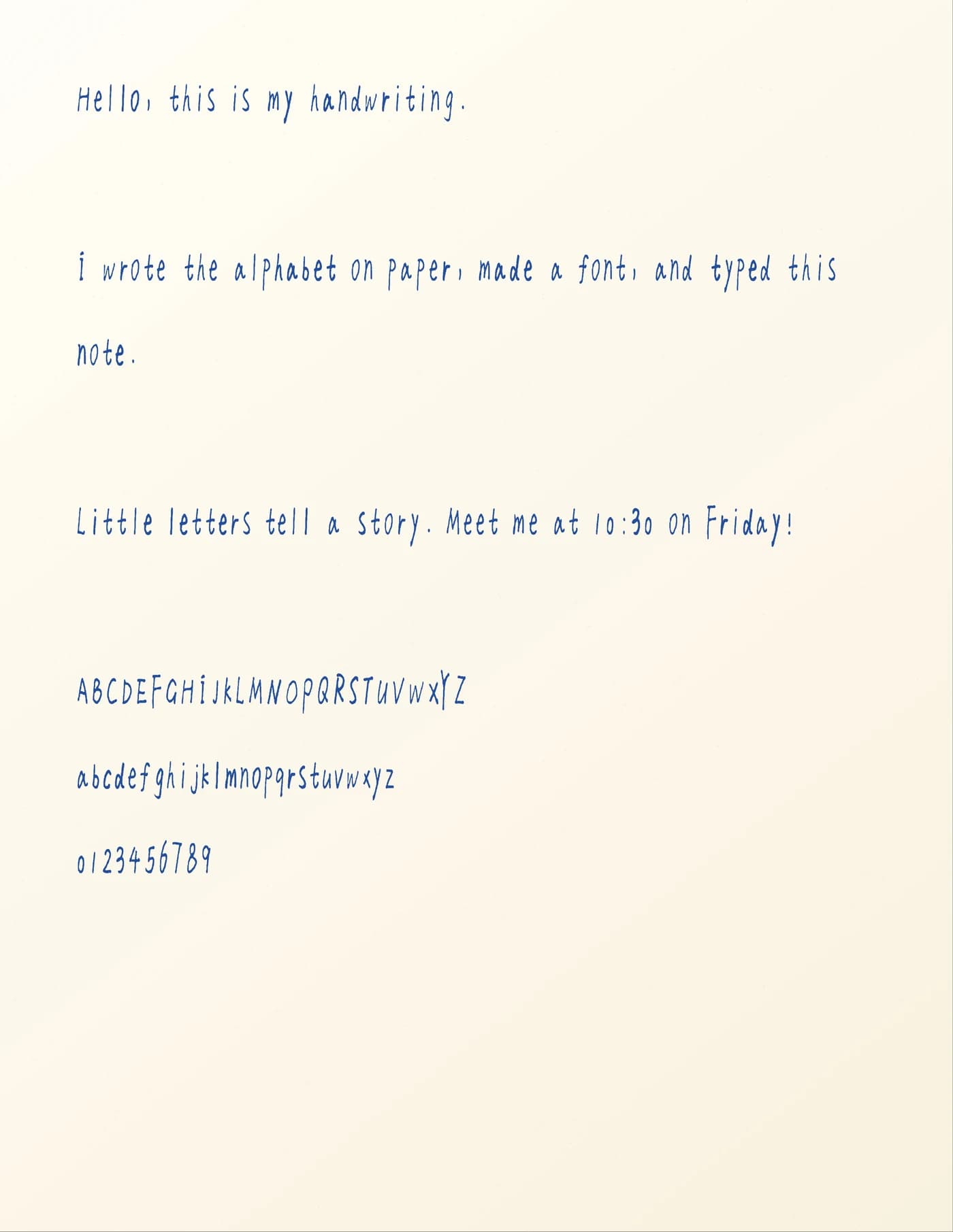A new typed note and alphabet rendered in blue using the font created from the handwritten template
