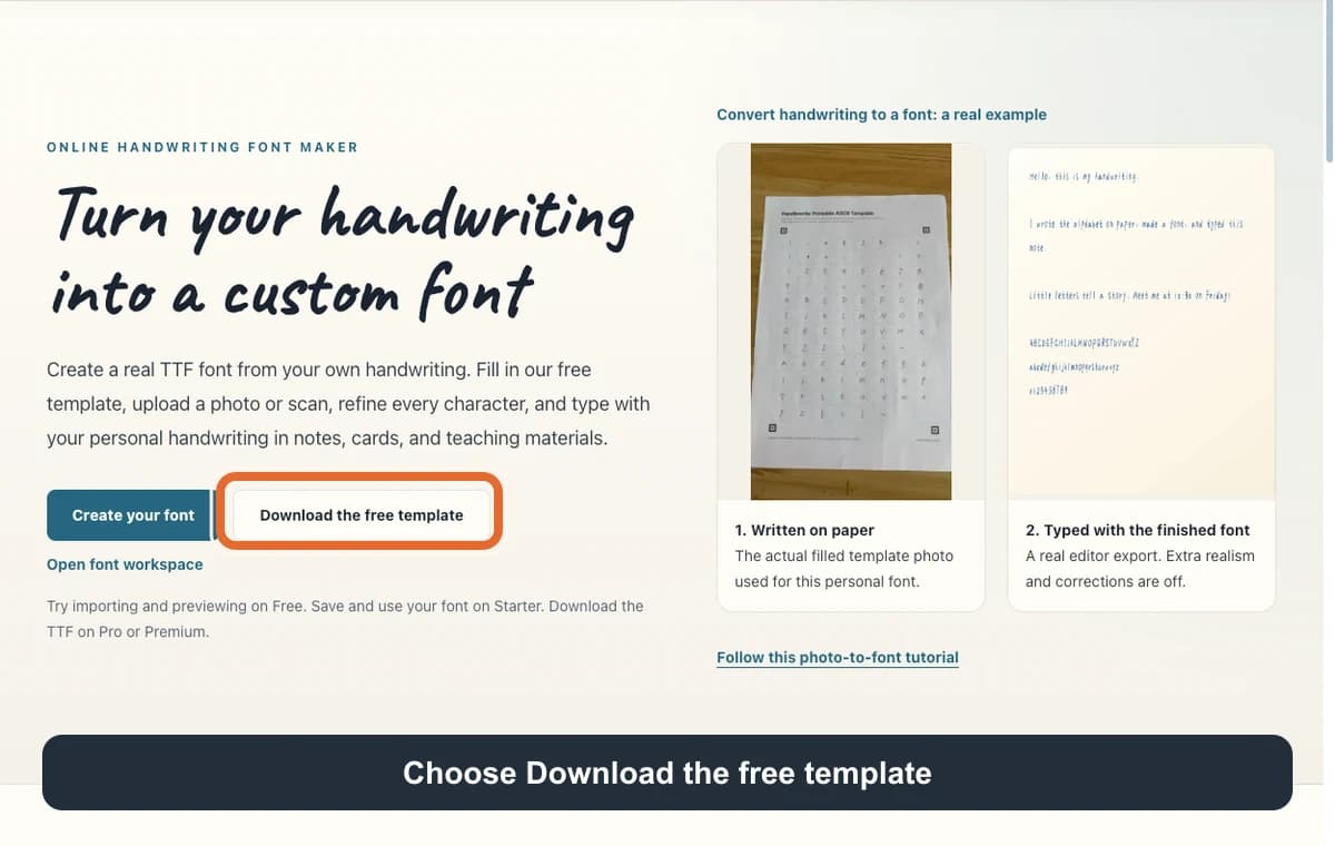 Handwriting font maker page with the free template download button highlighted