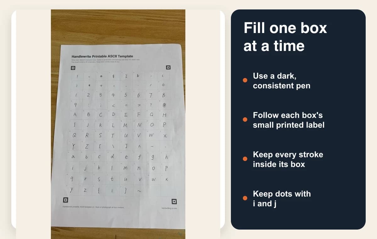 Completed printable handwriting template beside instructions for filling each labeled character box