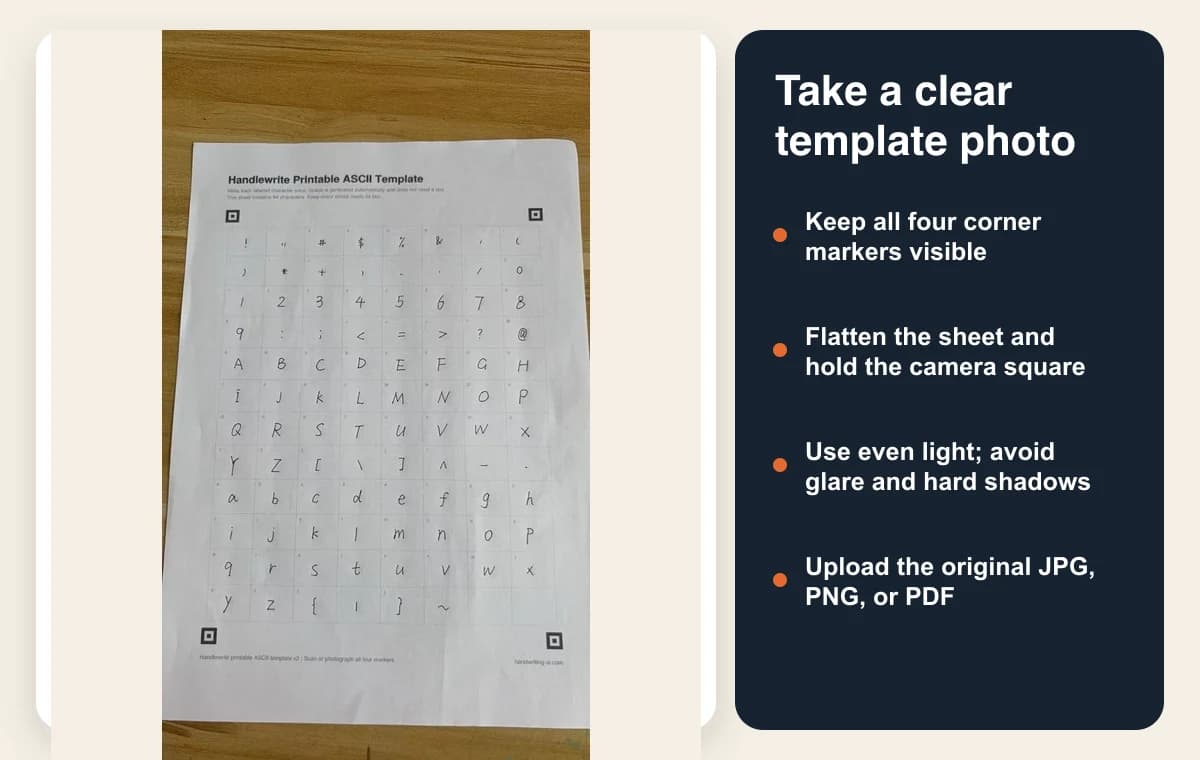 Completed handwriting template beside instructions for taking a clear import photo