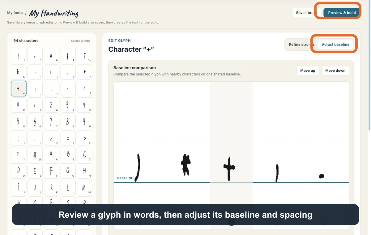 Handwriting glyph editor with baseline, spacing, and preview controls highlighted