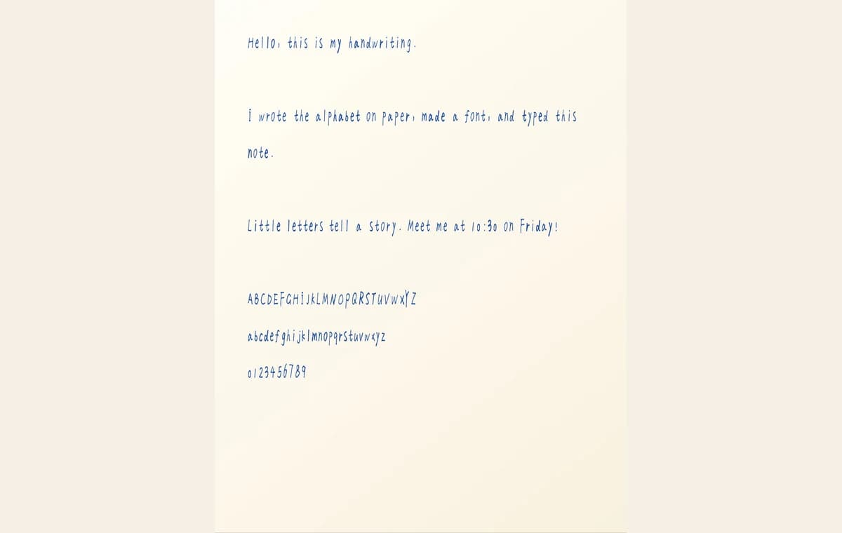 A note, alphabet, and numbers typed with the finished personal handwriting font