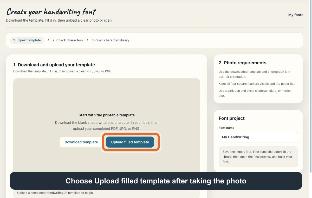 Signed-in handwriting font workspace with Upload filled template highlighted