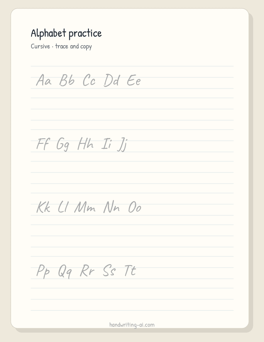 Printable cursive alphabet practice sheet with uppercase and lowercase letters