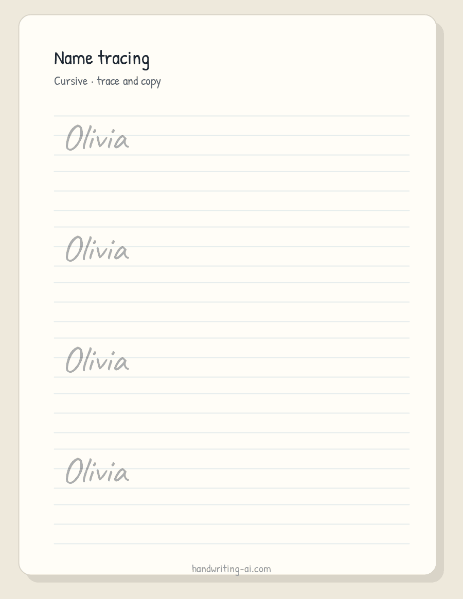 Free editable cursive name tracing worksheet using the name Olivia