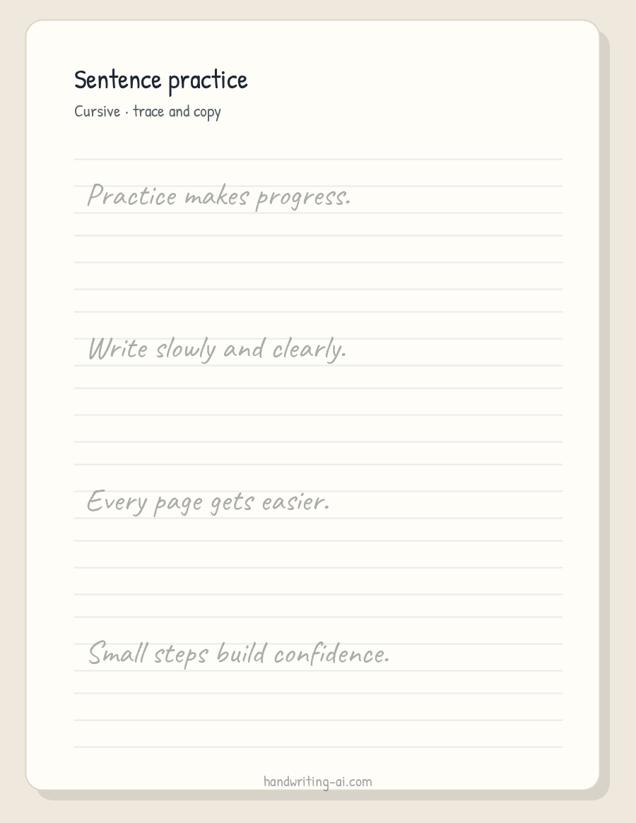 Cursive sentence practice worksheet with printable handwriting guide lines