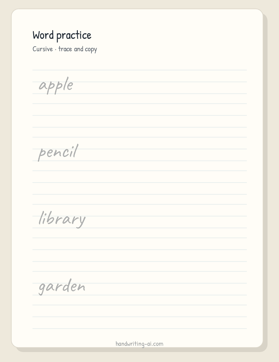 Printable cursive word practice sheet with trace and copy lines