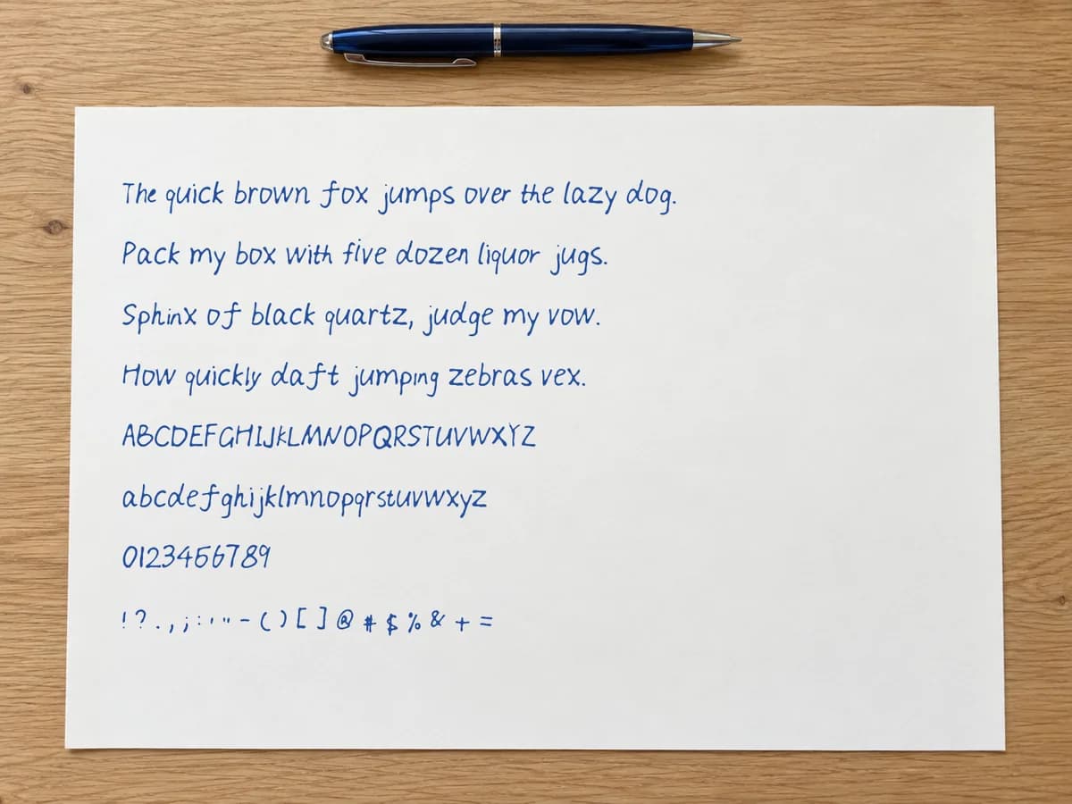 Eine klare Handschriftprobe mit Pangrammen, Alphabeten, Zahlen und Satzzeichen für die KI-Schrifterstellung