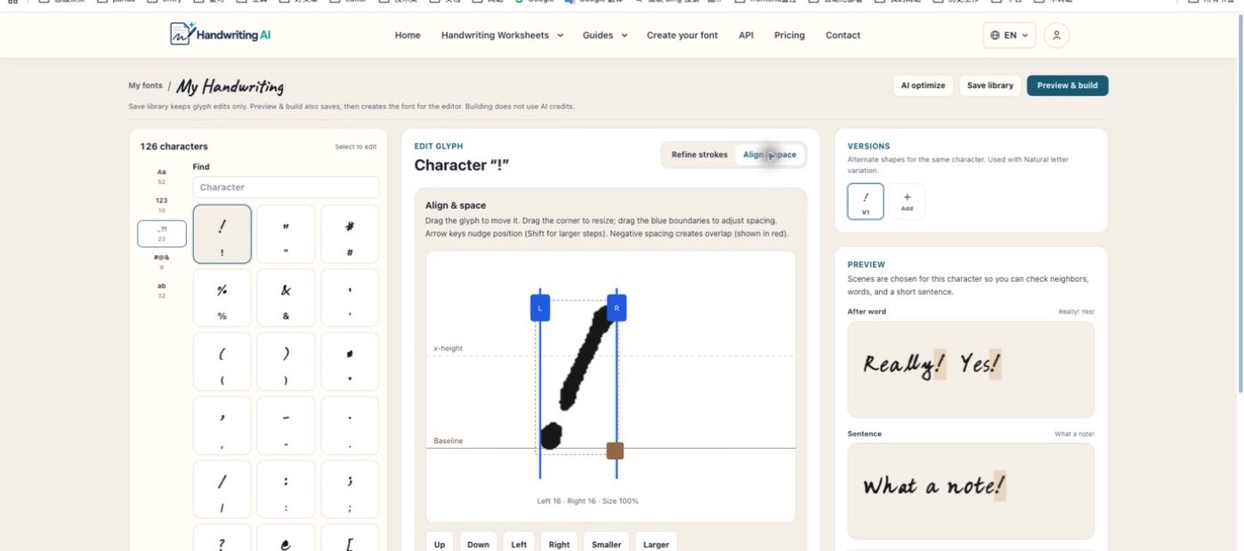 Der Editor für Ausrichtung und Abstände mit Grundlinie, Glyphenposition, Größe sowie linkem und rechtem Abstand