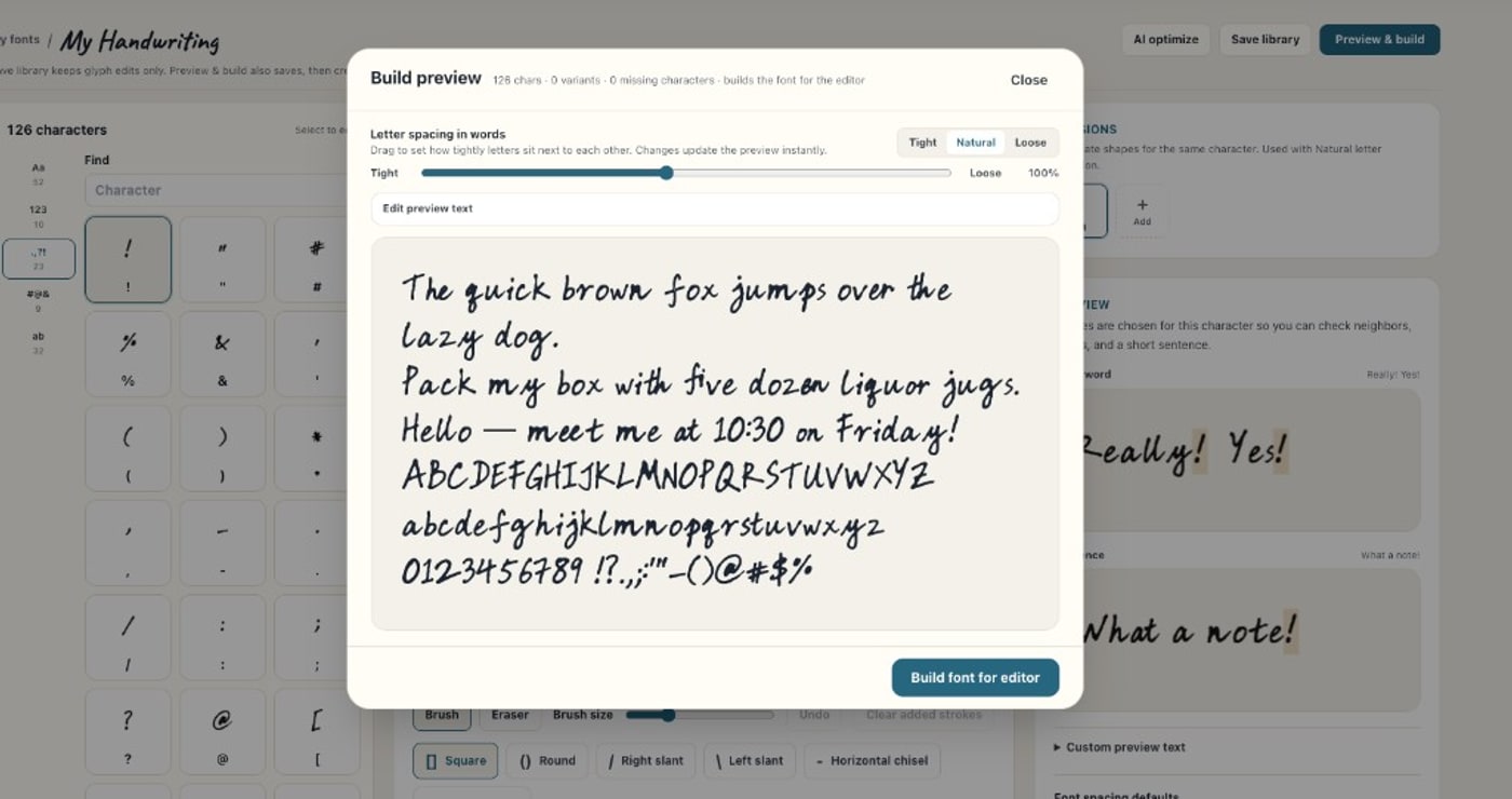 Die Handschrift-Zeichenbibliothek mit Glyphenkategorien, Bearbeitungswerkzeugen, Vorschauen und der Schaltfläche Preview and build