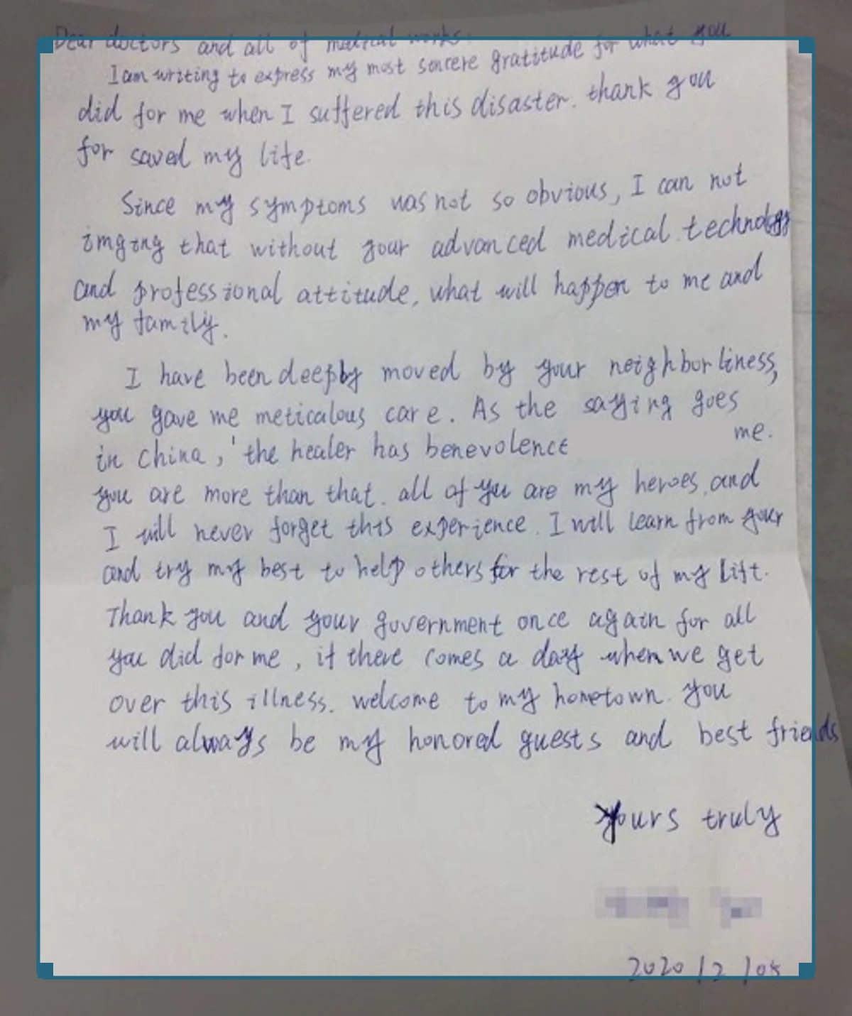 The thank-you letter photo framed in a tight crop ready for AI handwriting recognition