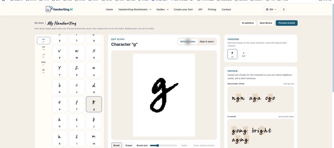 Der Handschrift-Editor mit ausgewähltem kleinem g, Strichwerkzeugen und Wortvorschauen