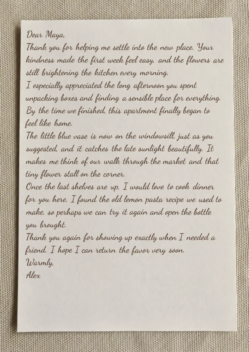 Sepia cursive thank-you letter on textured stationery