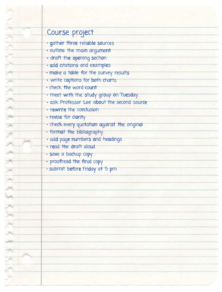 Blue handwritten course project checklist on ruled loose-leaf paper