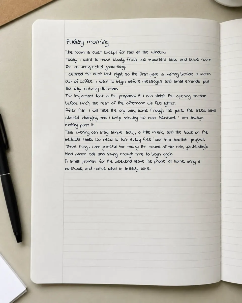 Realistic morning journal in Indie Flower handwriting on an open lined notebook