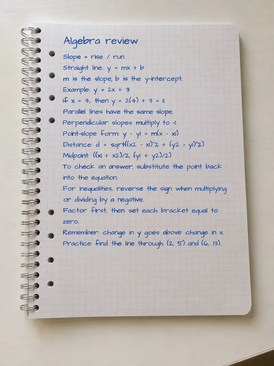Blue handwritten algebra revision notes on a spiral grid notebook