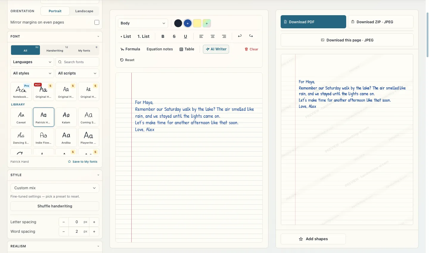 Font picker comparing free handwriting styles while Patrick Hand is selected