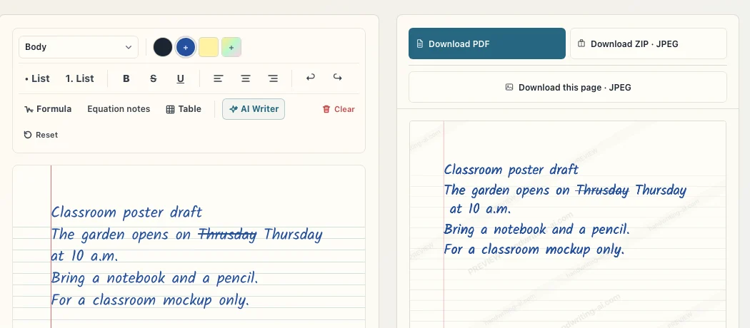 Kalam handwriting with Thrusday crossed out and Thursday written beside it