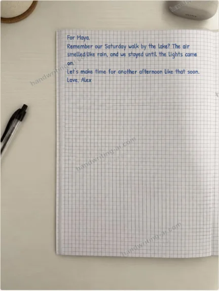 Closer photo view of the same handwritten note with a larger page in frame
