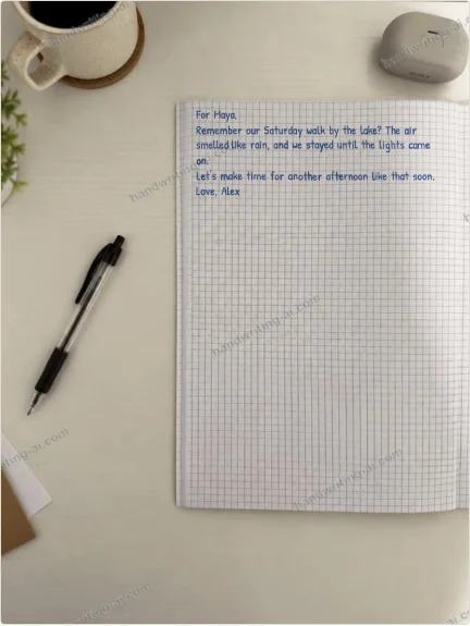 Wide photo view of a handwritten note with more of the notebook scene visible