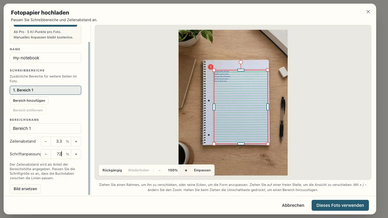 Zeilenabstand und Schriftanpassung neben der Notizbuchvorschau
