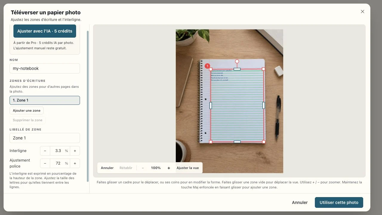 Zone d’écriture proposée par l’IA sur la photo du carnet