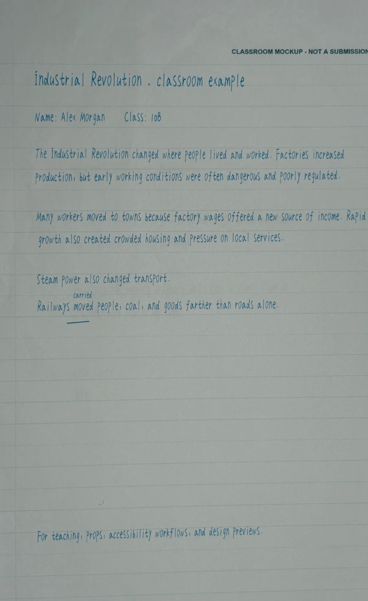 Gedrucktes Klassenraum-Aufgaben-Mockup in Original Handwriting 01 mit gelegentlichen durchgestrichenen Korrekturen
