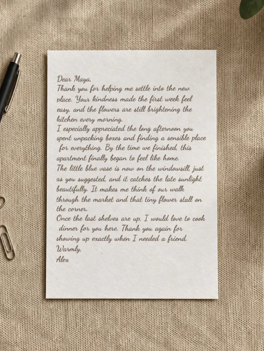 Cursive AI Handwriting Generator example showing a personal thank-you