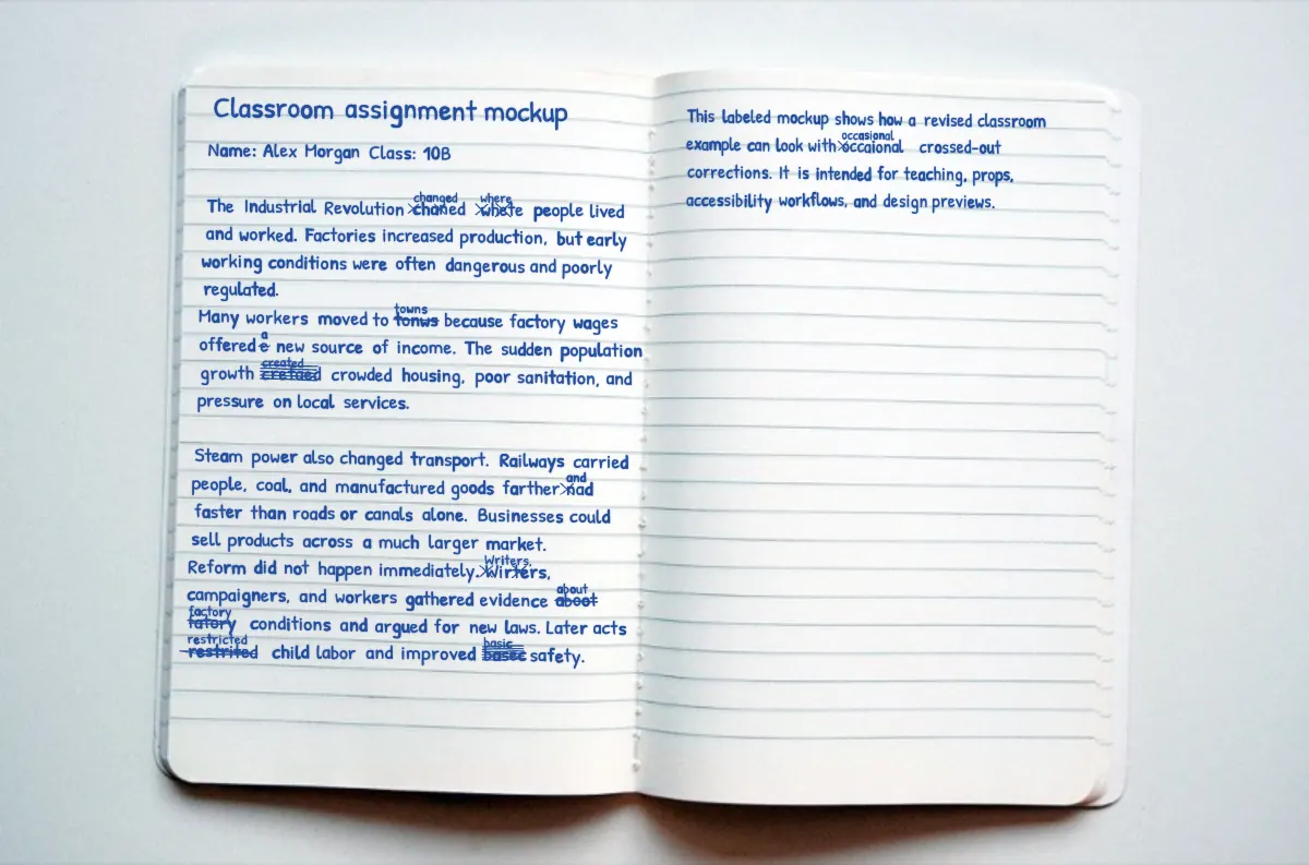 Labeled blue handwritten assignment mockup with occasional crossed-out corrections on an open notebook
