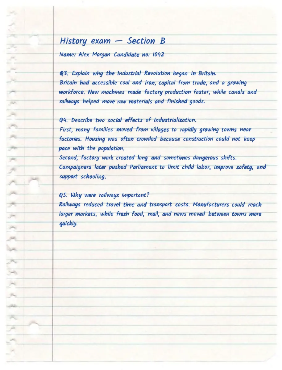 Numbered history exam answers in blue Kalam handwriting on ruled loose-leaf paper