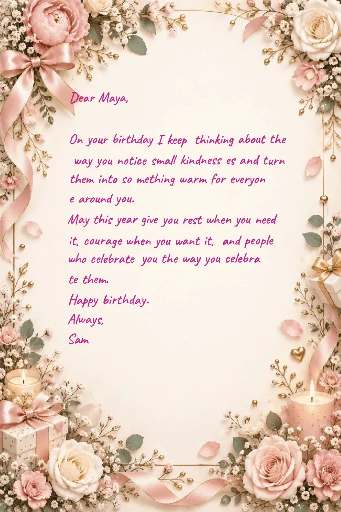 Carte photo d'anniversaire générée avec un message manuscrit sincère sur un cadre Floral rose frame
