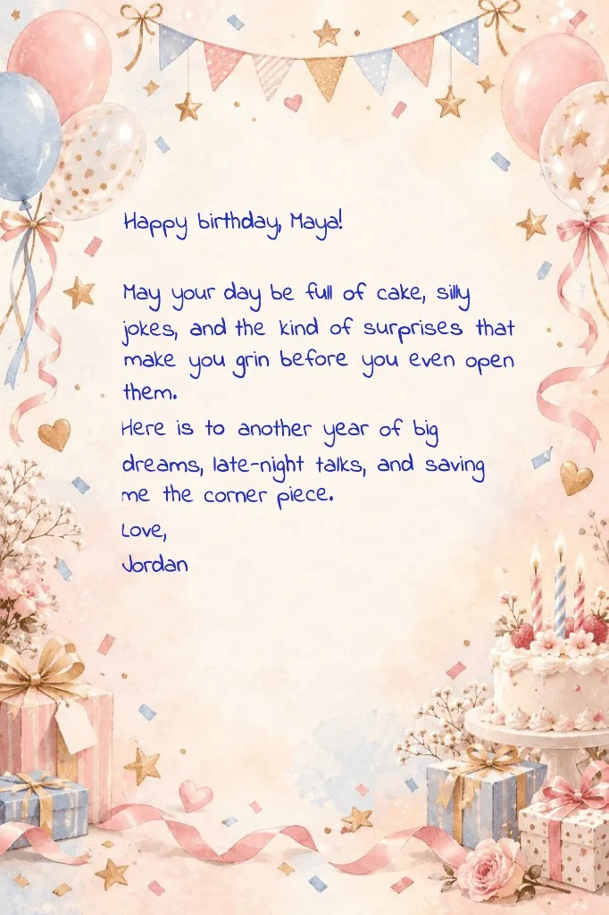 Carte photo d'anniversaire générée avec un souhait manuscrit ludique sur un cadre aquarelle gâteau