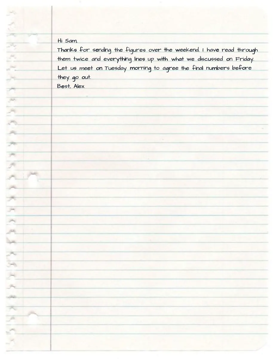 Text to Handwriting Converter example showing a pasted email