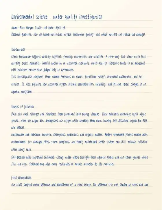Generated page 1 of an environmental science assignment mockup in blue handwriting on lined paper