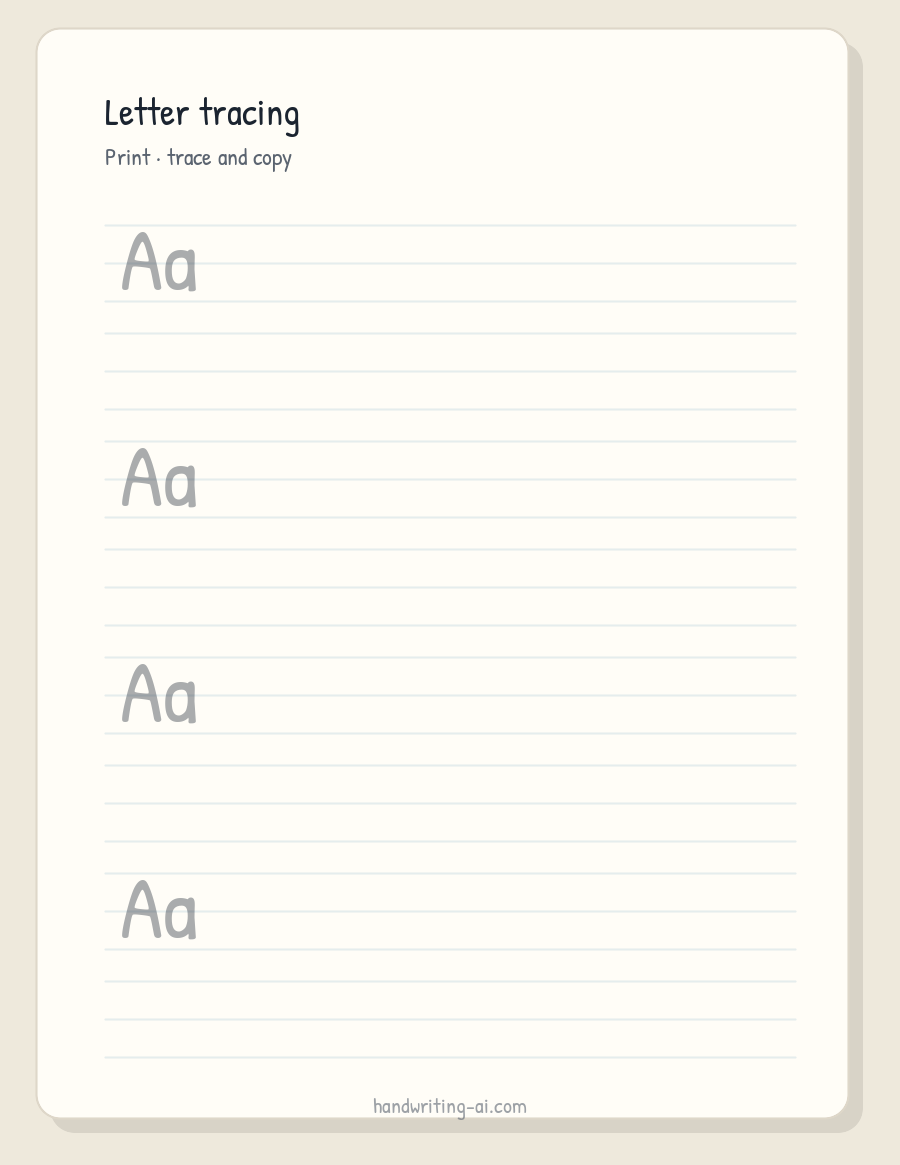 Printable letter tracing worksheet with uppercase A and lowercase a on three-line guides