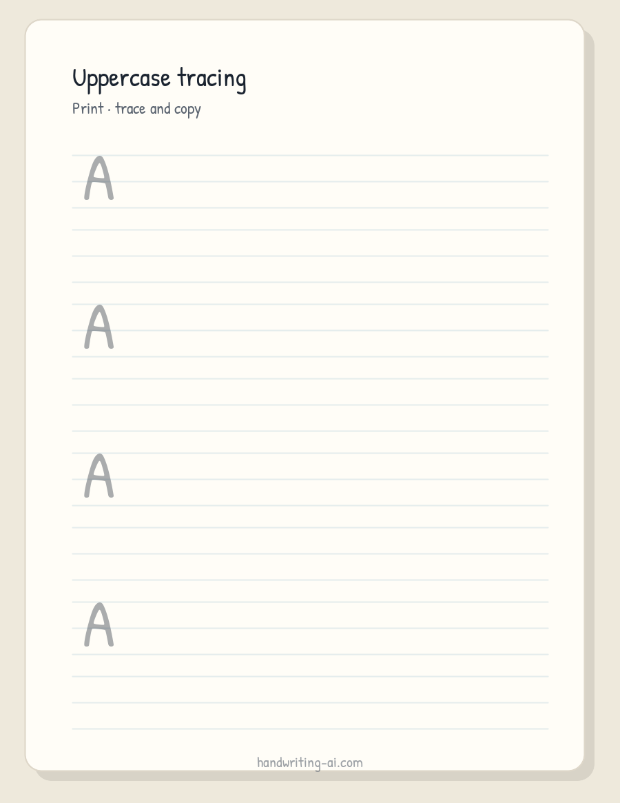 Printable uppercase letter tracing worksheet with a capital A on three-line handwriting guides