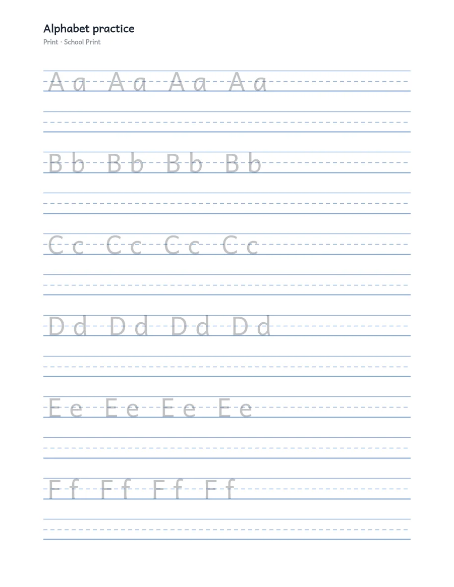 Printable school print alphabet worksheet with uppercase and lowercase practice