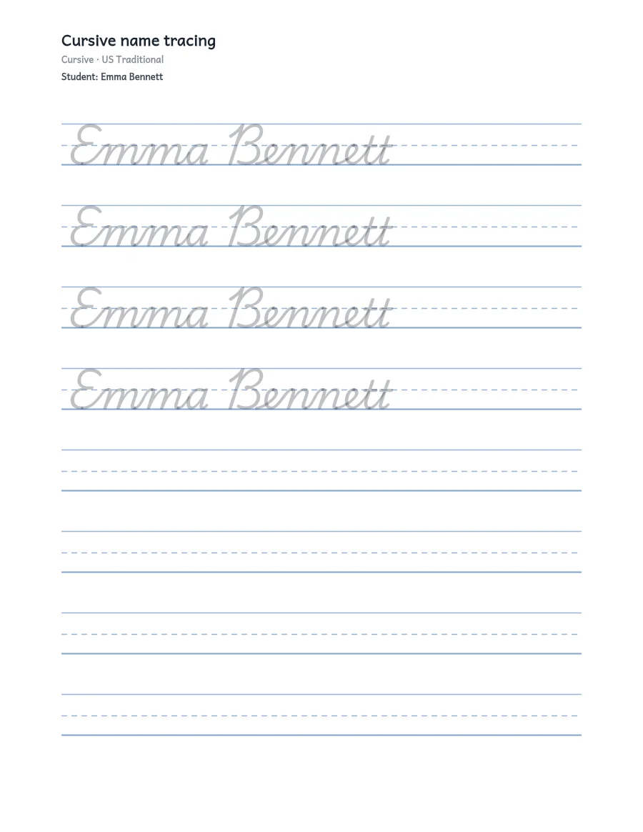 Personalized name tracing worksheet with handwriting guide lines