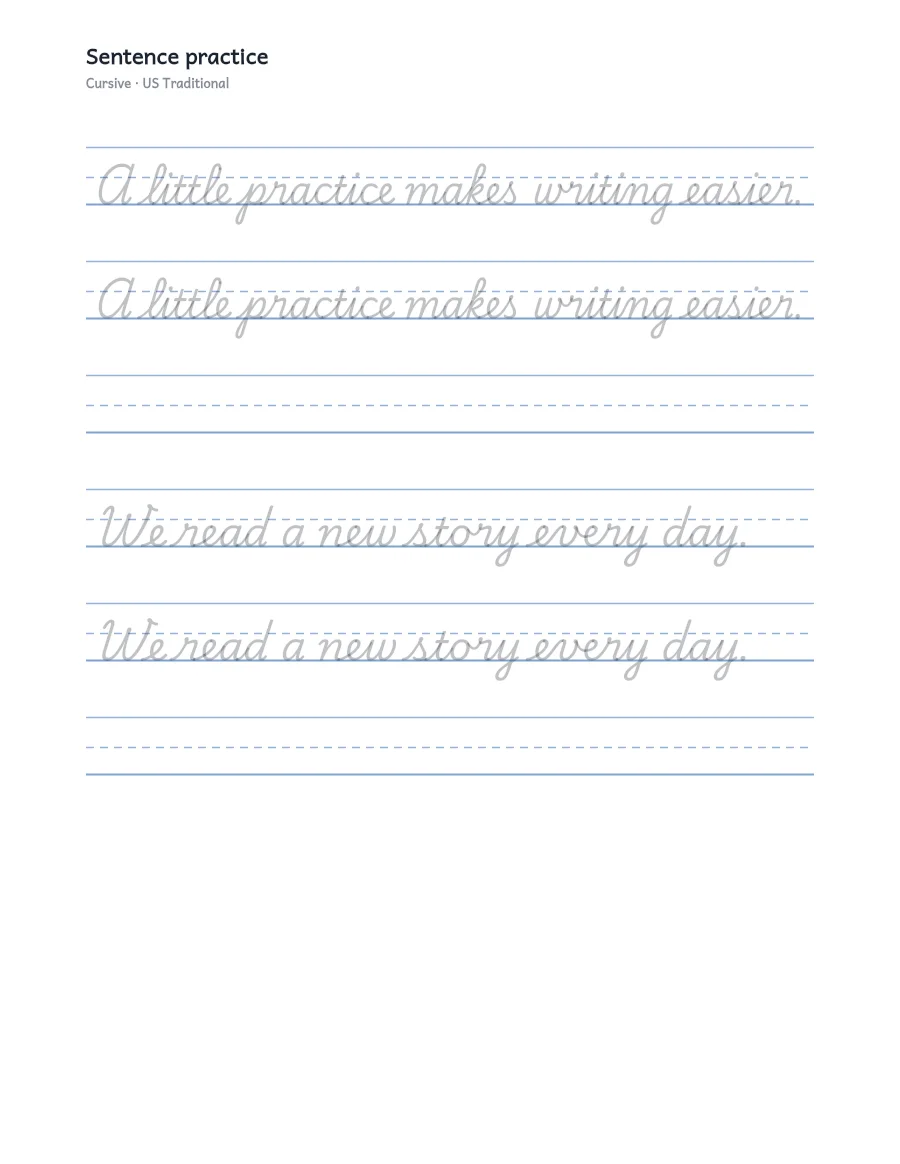 Printable sentence handwriting practice worksheet