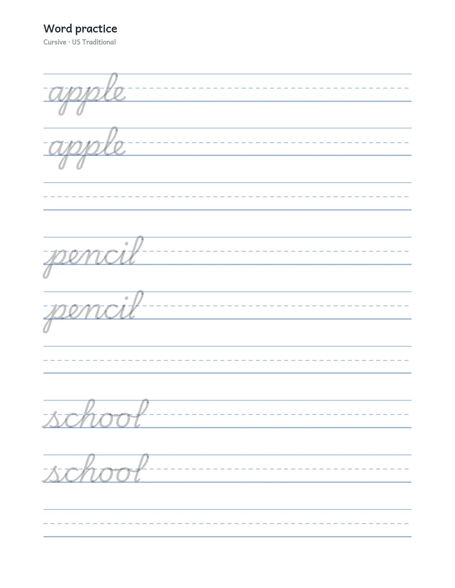 Printable handwriting word practice worksheet with trace and copy lines