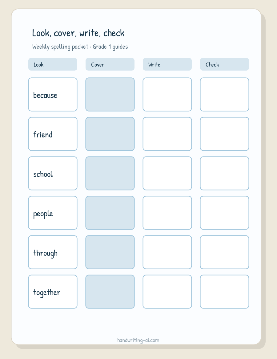 Look, cover, write, check spelling worksheet with a weekly word list and cover column