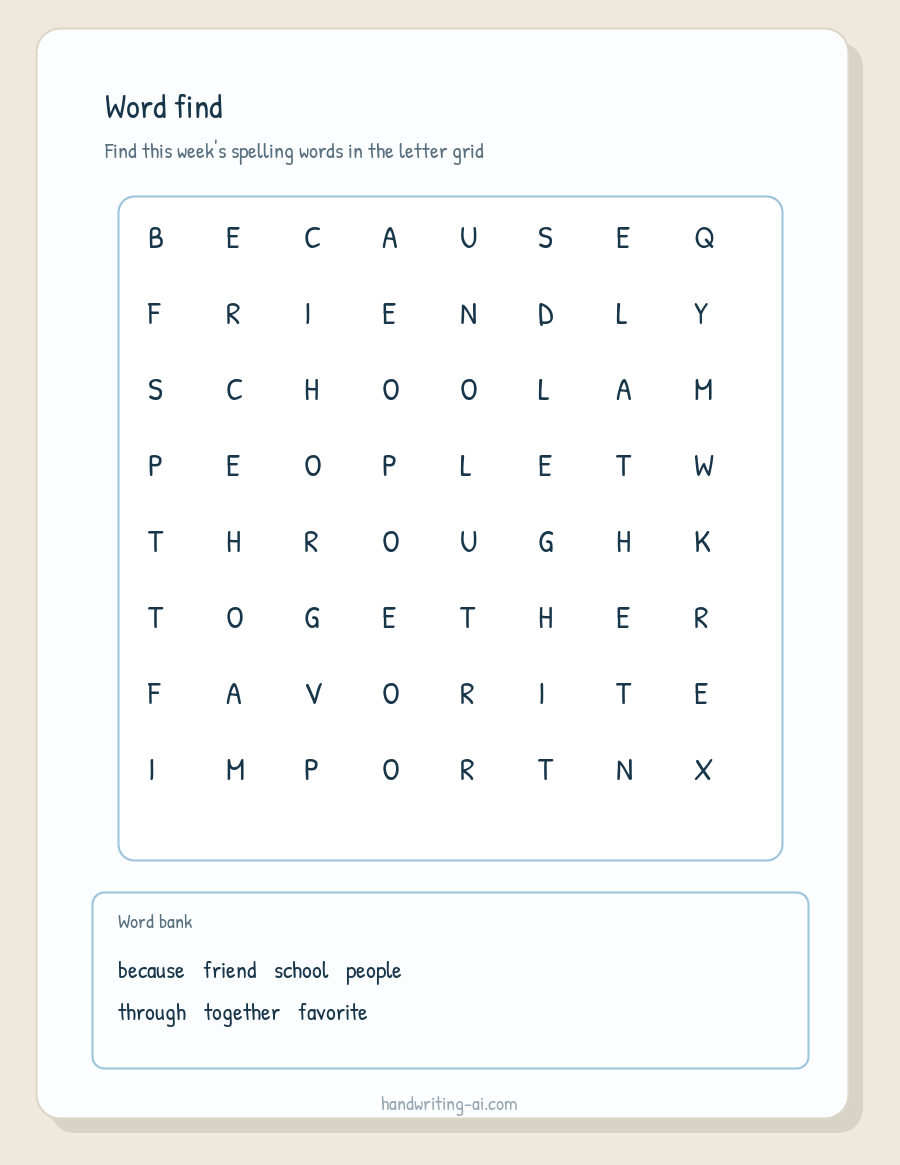 Word find spelling worksheet with a letter grid and weekly spelling word bank